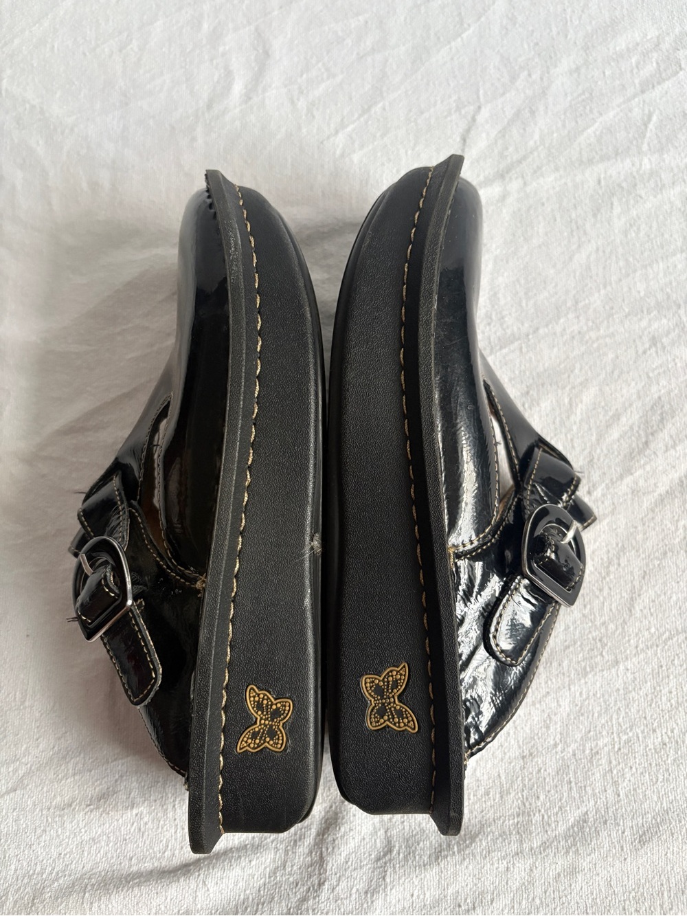 Alegria Black Patent Moccasin Clogs with Buckle